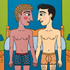 Gay Art Wandbild im Comicstil: Zwei Männer mit nacktem Oberkörper und gemusterten Boxershorts halten vor einem Bett Händchen und lächeln einander an. Ein rotes Herz schmückt die Wange des linken Mannes. Gay Erotic Art.