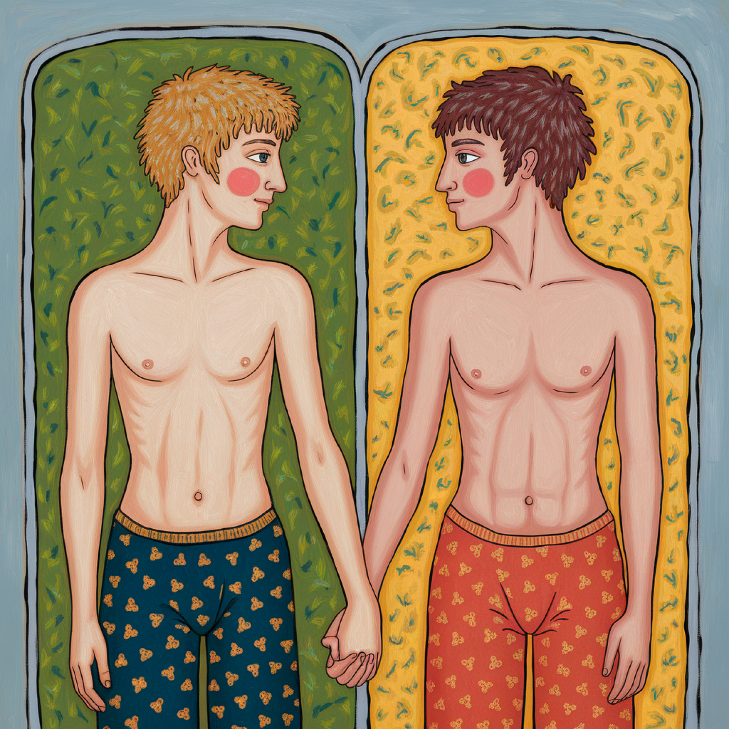 Gay Art Wandbild: Zwei junge Männer mit nacktem Oberkörper und gemusterten Schlafhosen liegen auf einer grünen und einer gelben Matratze. Sie halten Händchen und schauen einander mit geröteten Wangen an.
