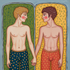 Gay Art Wandbild: Zwei junge Männer mit nacktem Oberkörper und gemusterten Schlafhosen liegen auf einer grünen und einer gelben Matratze. Sie halten Händchen und schauen einander mit geröteten Wangen an.