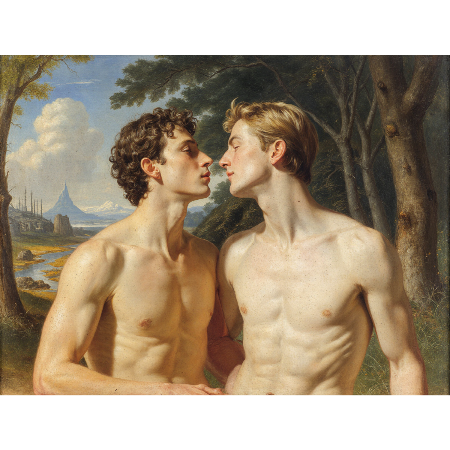 Zwei Männer mit nackten Oberkörpern neigen ihre Gesichter zum Kuss zueinander. Hinter ihnen öffnet sich der dunkle Wald zu einer Landschaft mit Wasser, Ruinen und fernen Bergen. Malerei im klassizistisch-romantischen Stil.