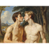 Zwei Männer mit nackten Oberkörpern neigen ihre Gesichter zum Kuss zueinander. Hinter ihnen öffnet sich der dunkle Wald zu einer Landschaft mit Wasser, Ruinen und fernen Bergen. Malerei im klassizistisch-romantischen Stil.