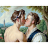 Zwei Männer küssen sich auf einem Bild wie aus der Renaissance. Einer mit nacktem Rücken, der andere in Blau und Weiß mit gerüschtem Kragen. Hinter ihnen Rosen, ein Baum und eine weite Landschaft mit Turm und blauen Bergen.