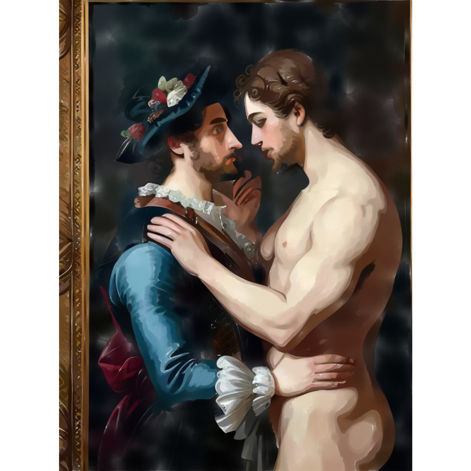 Schwules Paar im Barock-Stil: Ein Mann mit Blumenhut, blauem Gewand und weißen Rüschen hält seinen nackten Liebhaber an der Taille. Dieser legt ihm die Hand auf die Schulter. Links ist ein goldenes Rahmenfragment zu sehen.