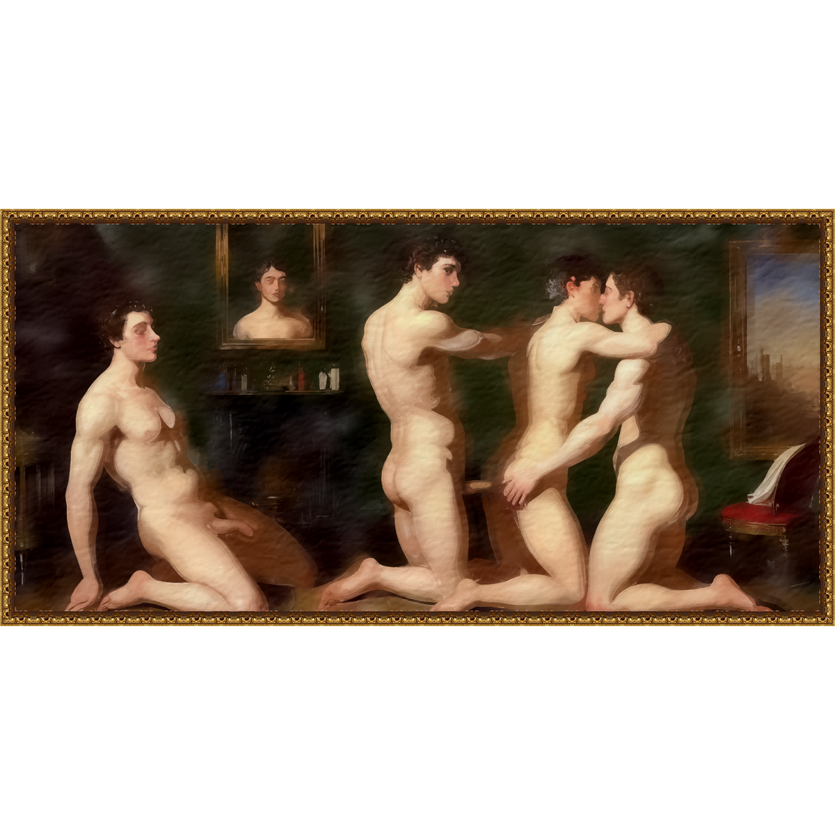 Vier nackte Männer beim schwulen Gruppensex in einem grünen Salon. Zwei küssen sich, einer wird dabei von hinten genommen. Szene im Stil der Salonmalerei des 19. Jahrhunderts, umgeben von einem goldenen Rahmen.