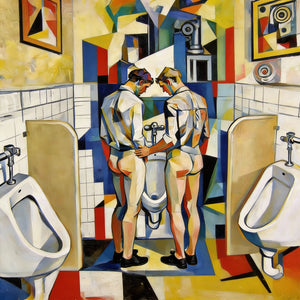 Zwei Männer am Urinal im kubistischen Stil – Gay Sex in Toilette nach Fernand Léger

