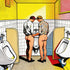 Zwei Männer am Urinal in öffentlicher Toilette - Typischer Roy Lichtenstein Pop Art Stil mit schwarzen Konturen und knalligen Primärfarben