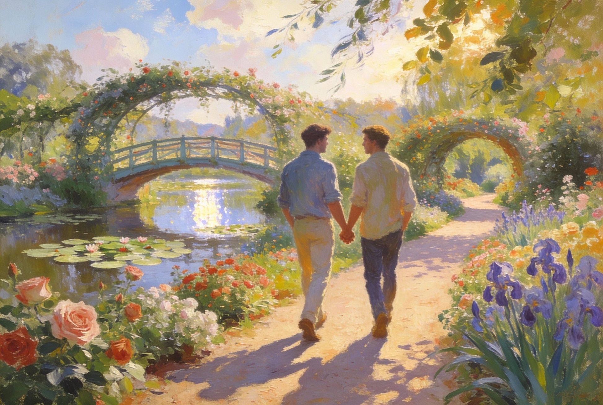 Zwei Männer Hand in Hand in Monets Garten Giverny – Impressionistische Gay Art mit japanischer Brücke und Seerosen

