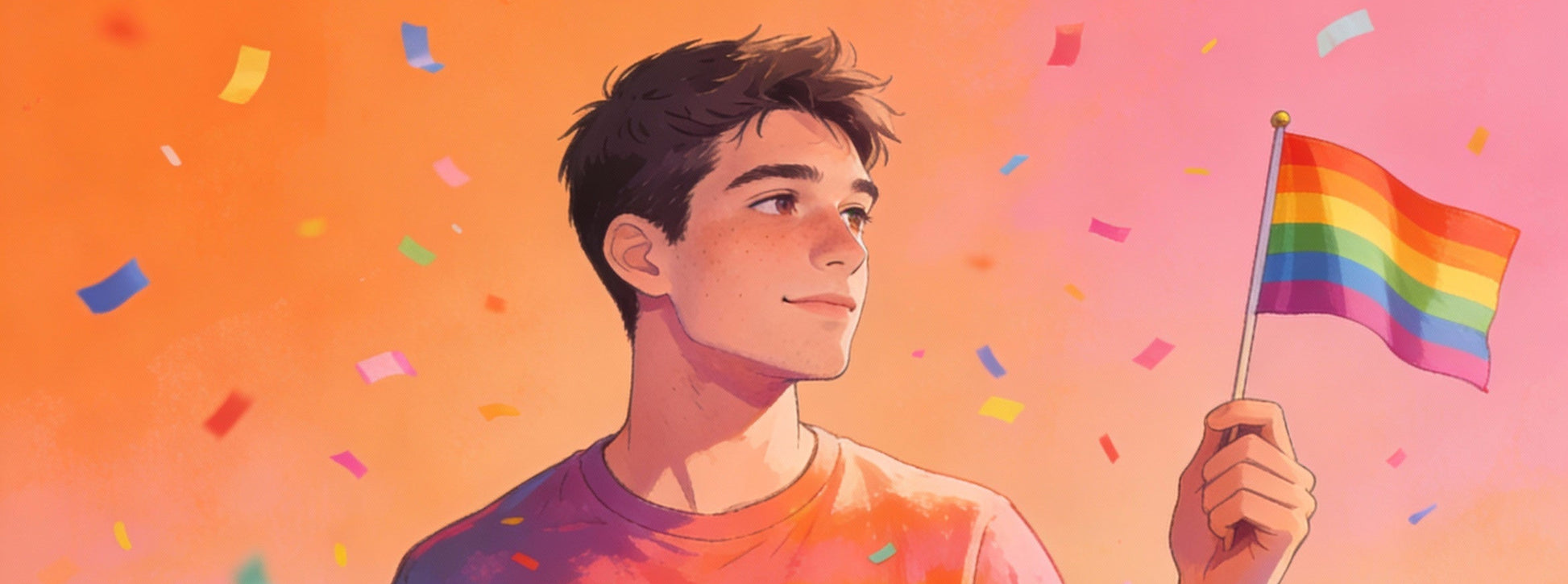 Junger Mann mit Regenbogenflagge und Rainbow-Shirt – Pride & Hope – LGBTQ+ queer Wandbild
