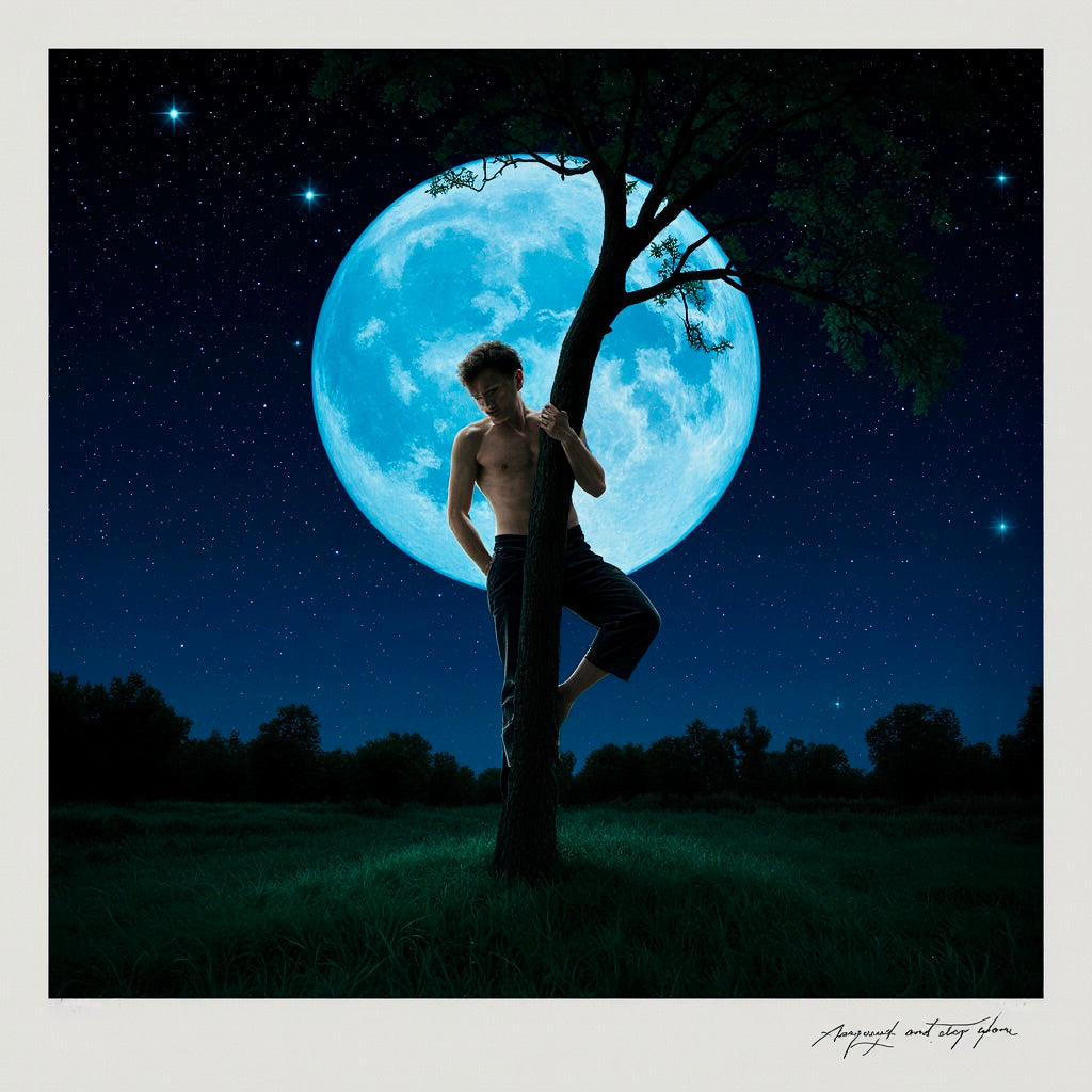 Mann lehnt an Baum unter blauem Mond – Blauer Mond Night Cruising Träumerei
