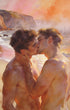 Zwei Männer küssen sich am Strand – Joaquín Sorolla-Stil – warmes Licht, wilde Wellen – Gay Love Wandbild
