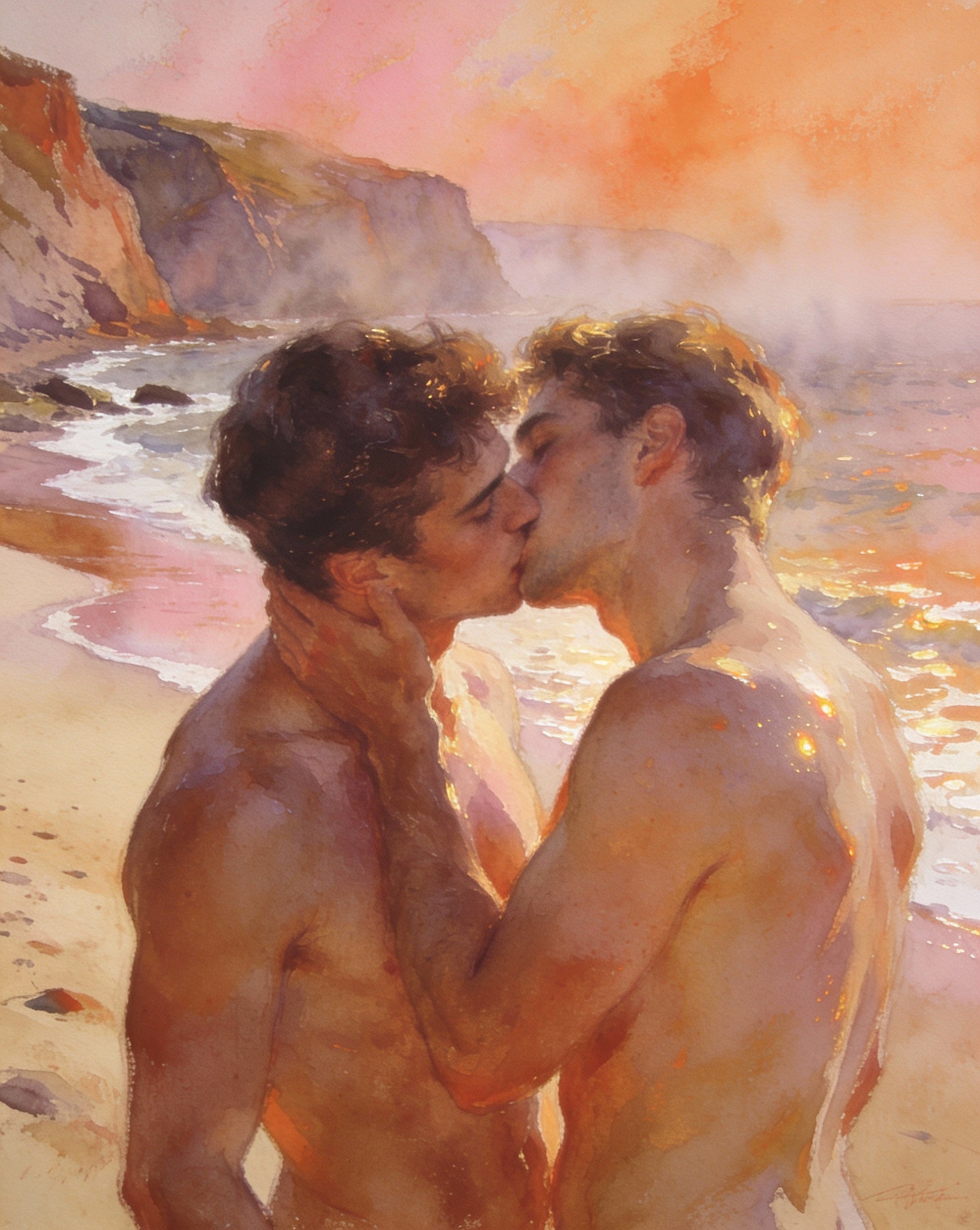 Zwei Männer küssen sich am Strand – Joaquín Sorolla-Stil – warmes Licht, wilde Wellen – Gay Love Wandbild
