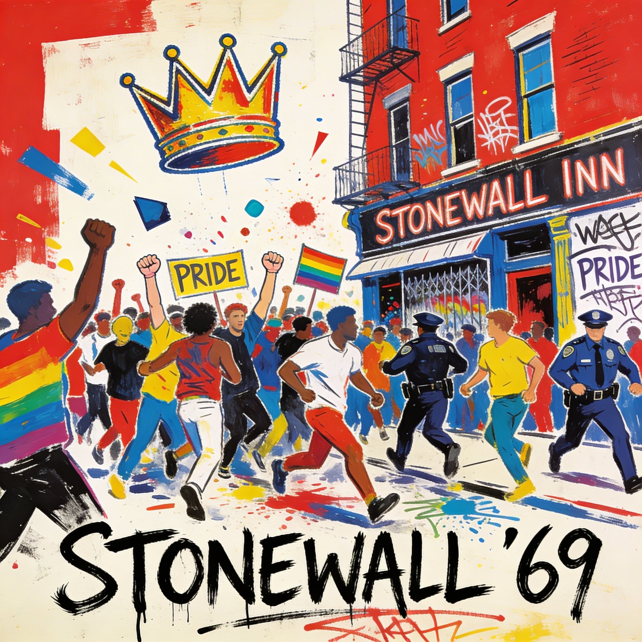 Stonewall Proteste 1969 New York – Street Art im Basquiat-Stil, Pride-Bewegung
