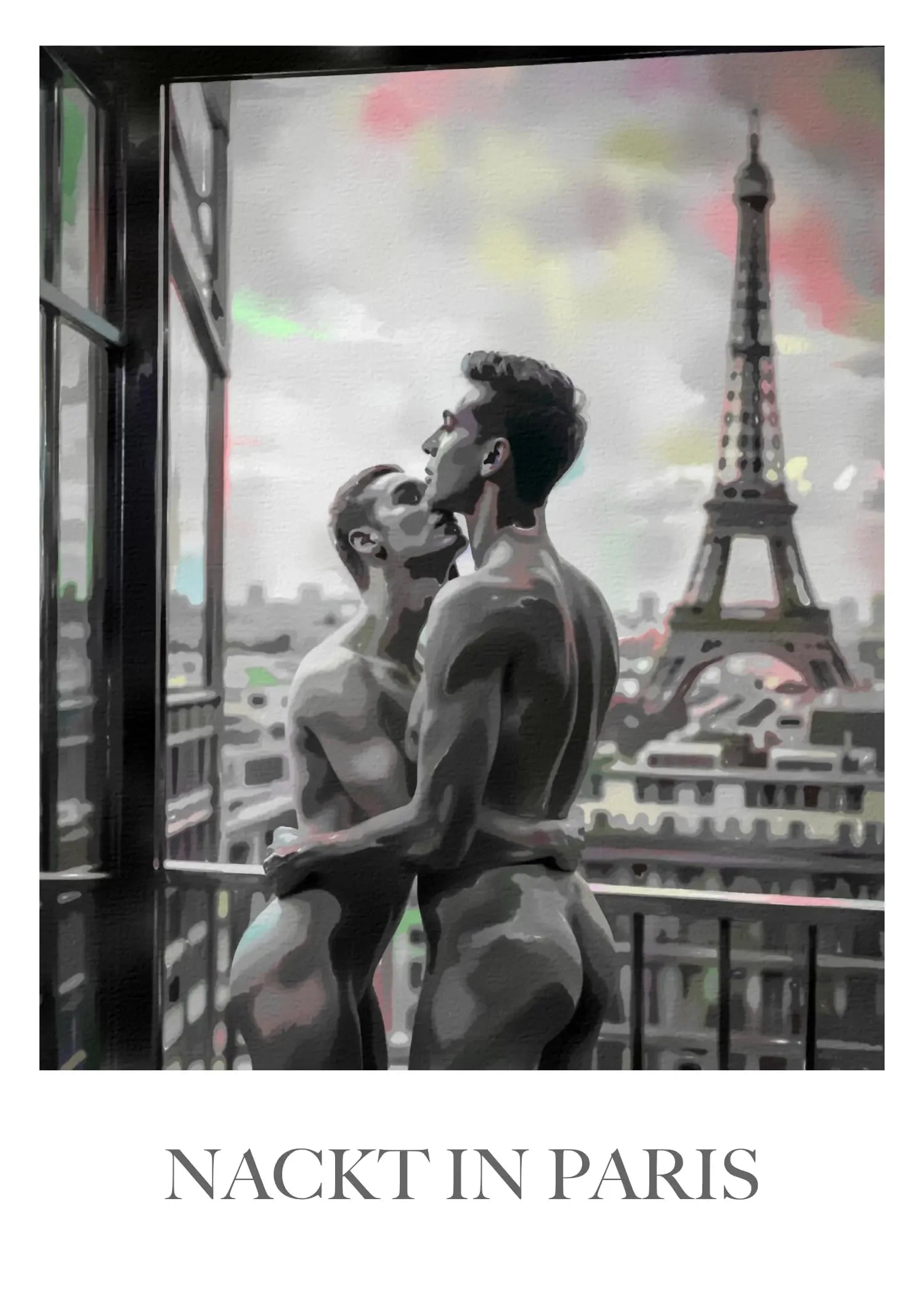 Zwei nackte Männer umarmen sich auf Pariser Balkon mit Eiffelturm, Nackt in Paris