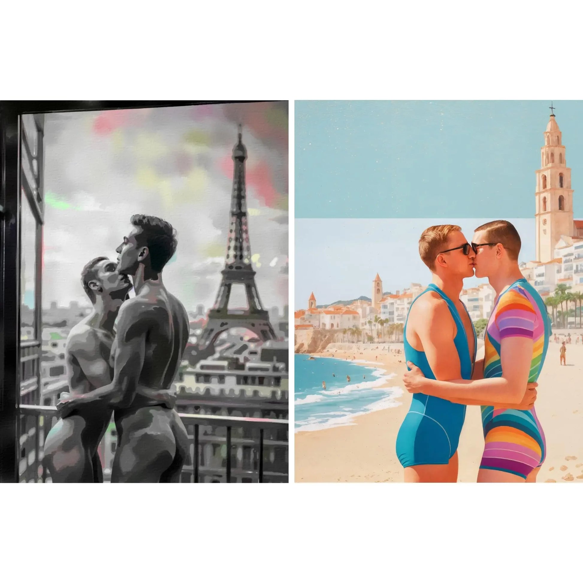 Zwei schwule Paare: Kuss in Paris und Umarmung am Strand in Sitges