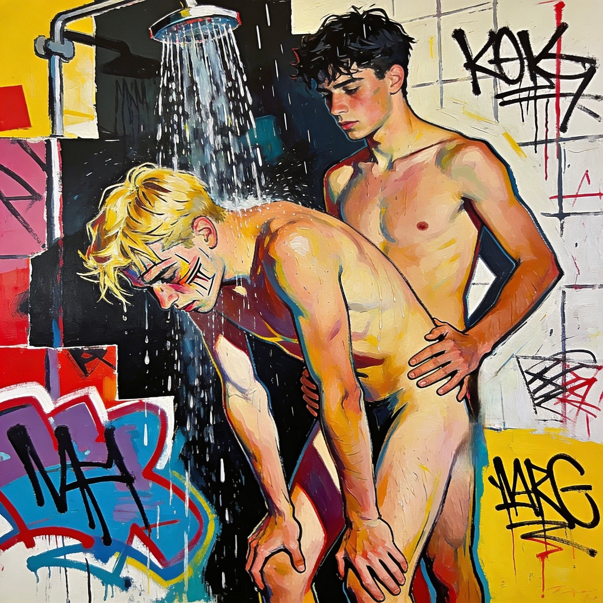 Zwei nackte Männer beim Arschficken unter der Dusche im Basquiat Street Art Stil mit Graffiti – unzensierte Gay Sex Art