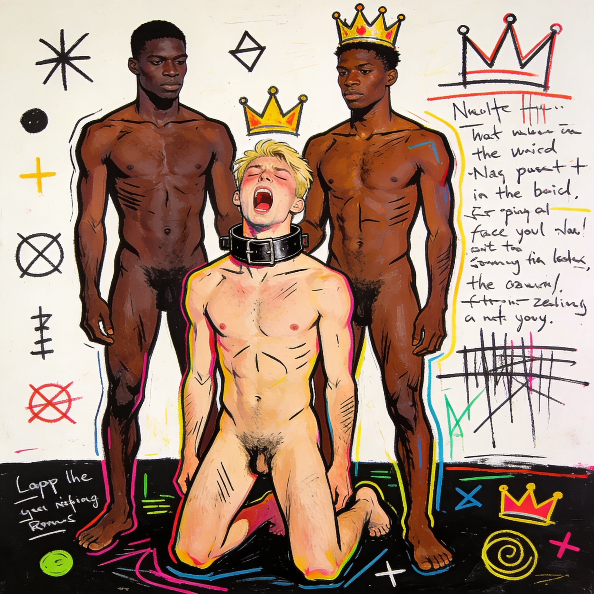 Zwei schwarze Meister mit blondem Sub im Basquiat Stil – unzensierte BDSM Sex Art und schwule Fetisch Kunst