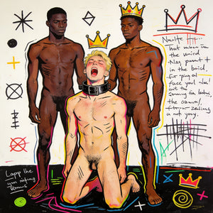 Zwei schwarze Meister mit blondem Sub im Basquiat Stil – unzensierte BDSM Sex Art und schwule Fetisch Kunst