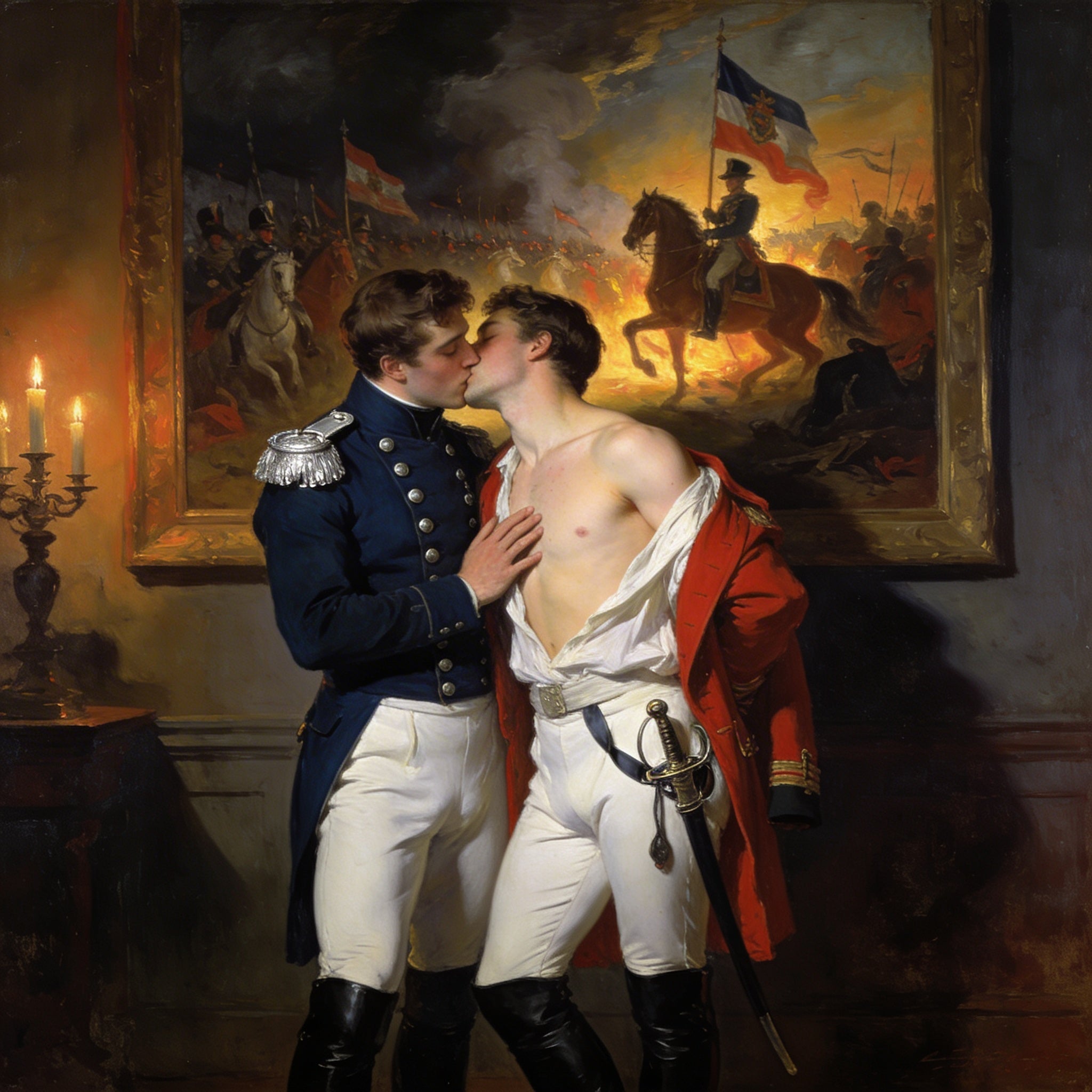 Gay Art – Zwei preußische Offiziere beim Liebesspiel, Kerzenlicht, historisches Ölgemälde im Stil von Tischbein, Preußen 1760