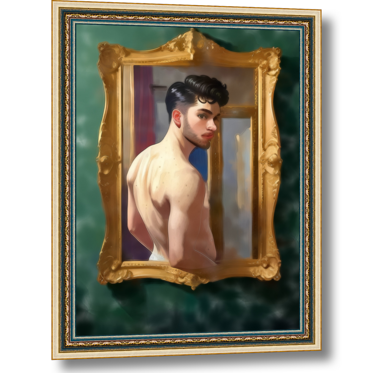 Gay Art Wandbild in Schrägansicht mit Schatten: Ein nackter Mann blickt über die Schulter aus einem goldenen Rahmen vor dunkelgrüner Wand. Ein zusätzlicher mitgedruckter Schmuckrahmen umfasst das gesamte Motiv.