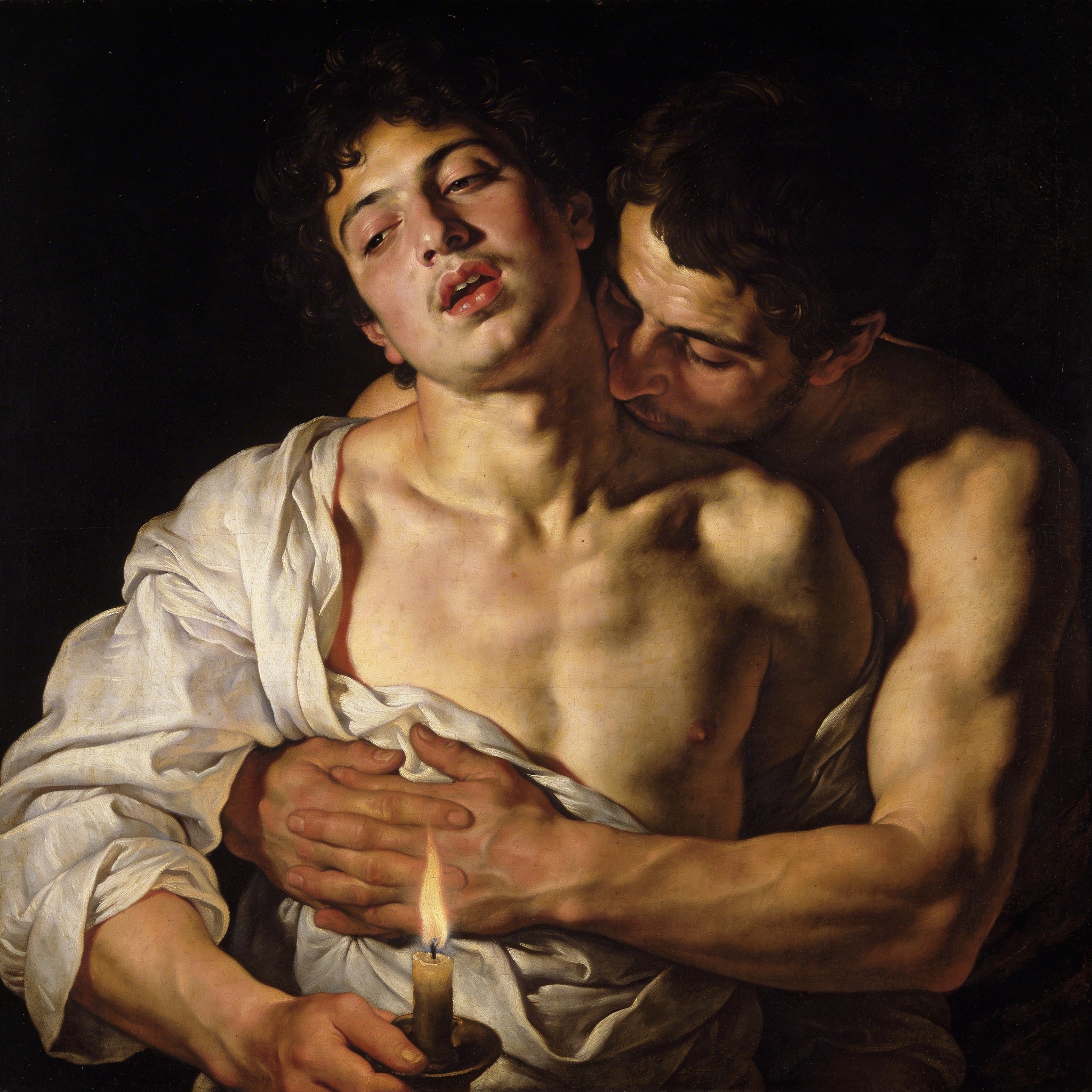 Mann halb nackt umklammert anderen Mann von hinten, Kuss auf die Schulter. Öl-Technik exakt im Stil von Caravaggio