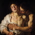 Mann halb nackt umklammert anderen Mann von hinten, Kuss auf die Schulter. Öl-Technik exakt im Stil von Caravaggio