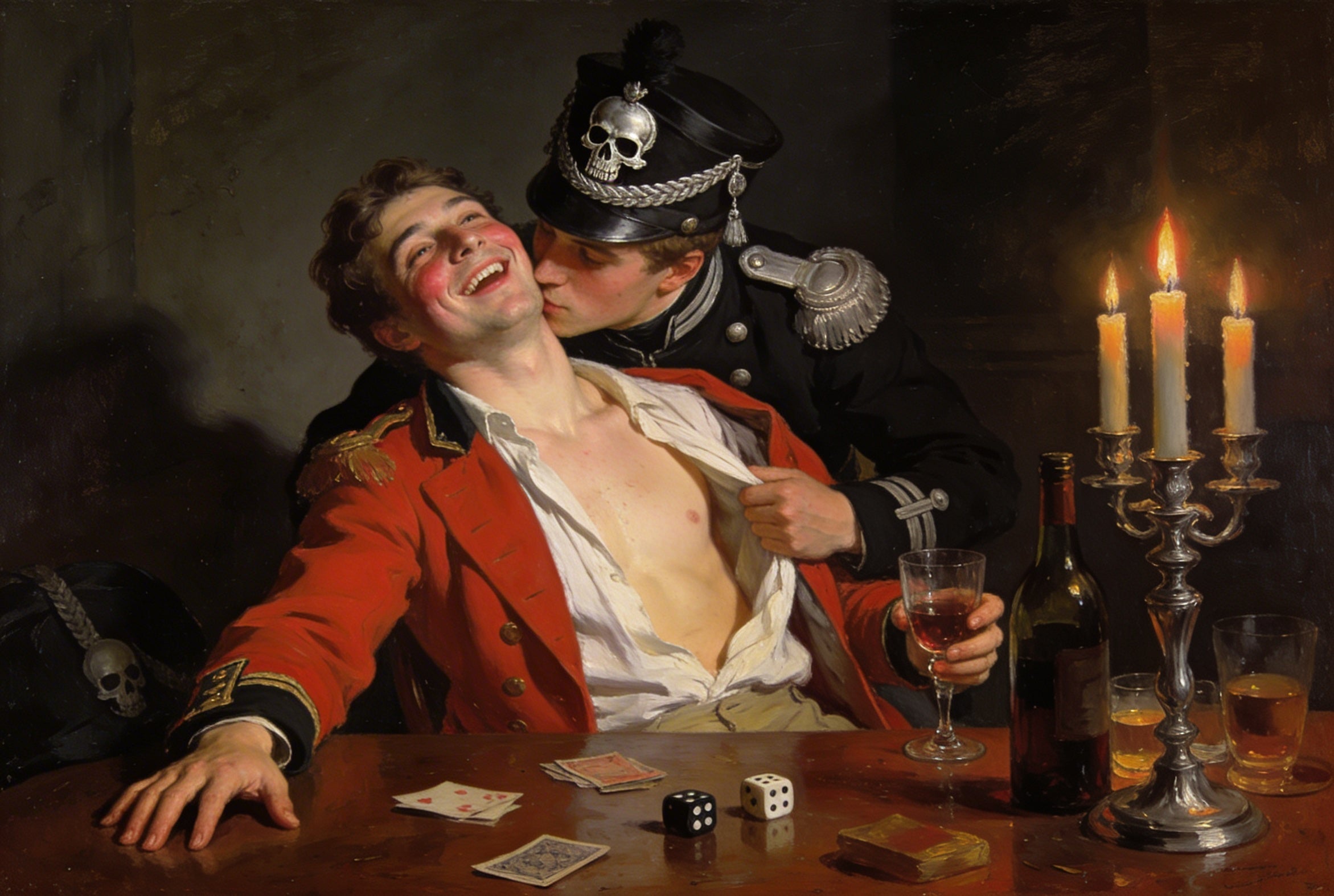 Gay Art – Zwei preußische Offiziere beim Kuss, Offiziers-Kasino, Totenkopf-Husar küsst Rotjacke, Kerzenlicht, Würfelspiel, Preußen 1760
