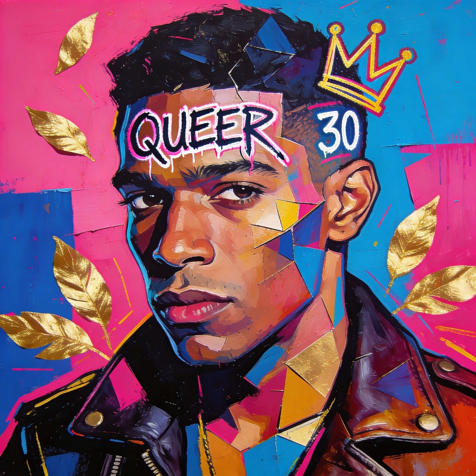 Street Art Portrait junger Mann mit QUEER 30 und goldener Krone - Basquiat-inspirierte Gay Art - Wandbild Keilrahmen