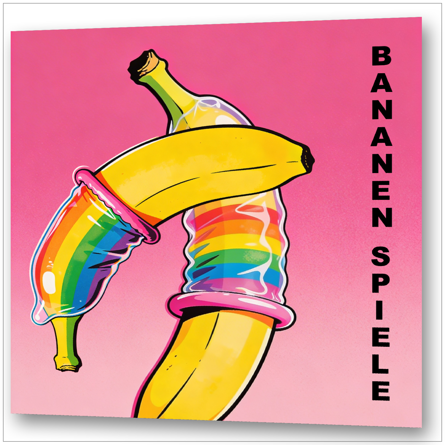Zwei Bananen mit Regenbogen-Kondomen vor buntem Hintergrund - Humorvolle schwule Erotik Gay Art - Wandbild Keilrahmen