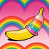 Banane mit Regenbogen-Kondom vor psychedelischem Rainbow-Hintergrund - Safer Sex Gay Art - Canvas Wandbild
