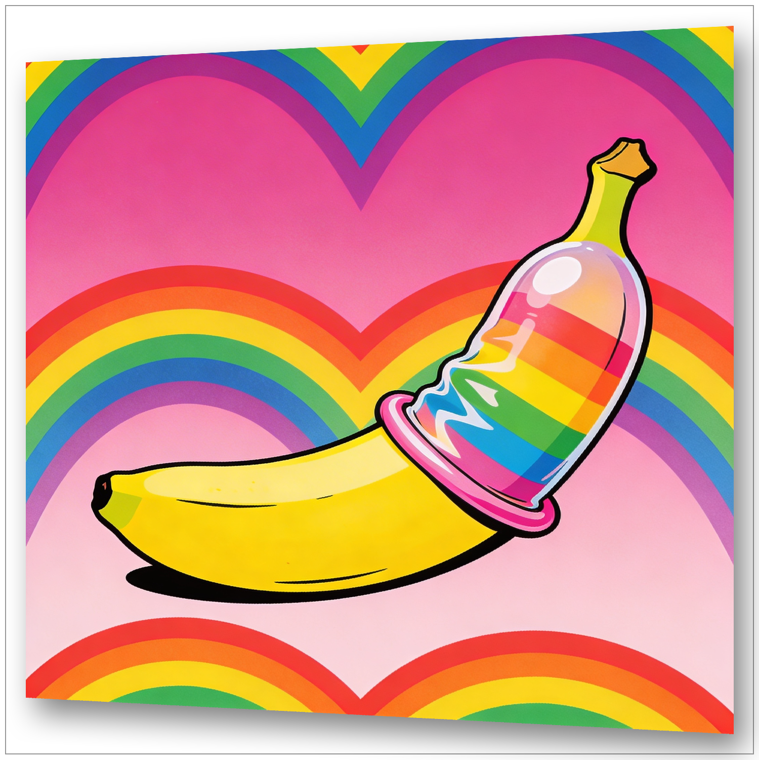 Banane mit Regenbogen-Kondom vor psychedelischem Rainbow-Hintergrund - Safer Sex Gay Art - Leinwandbild auf Keilrahmen
