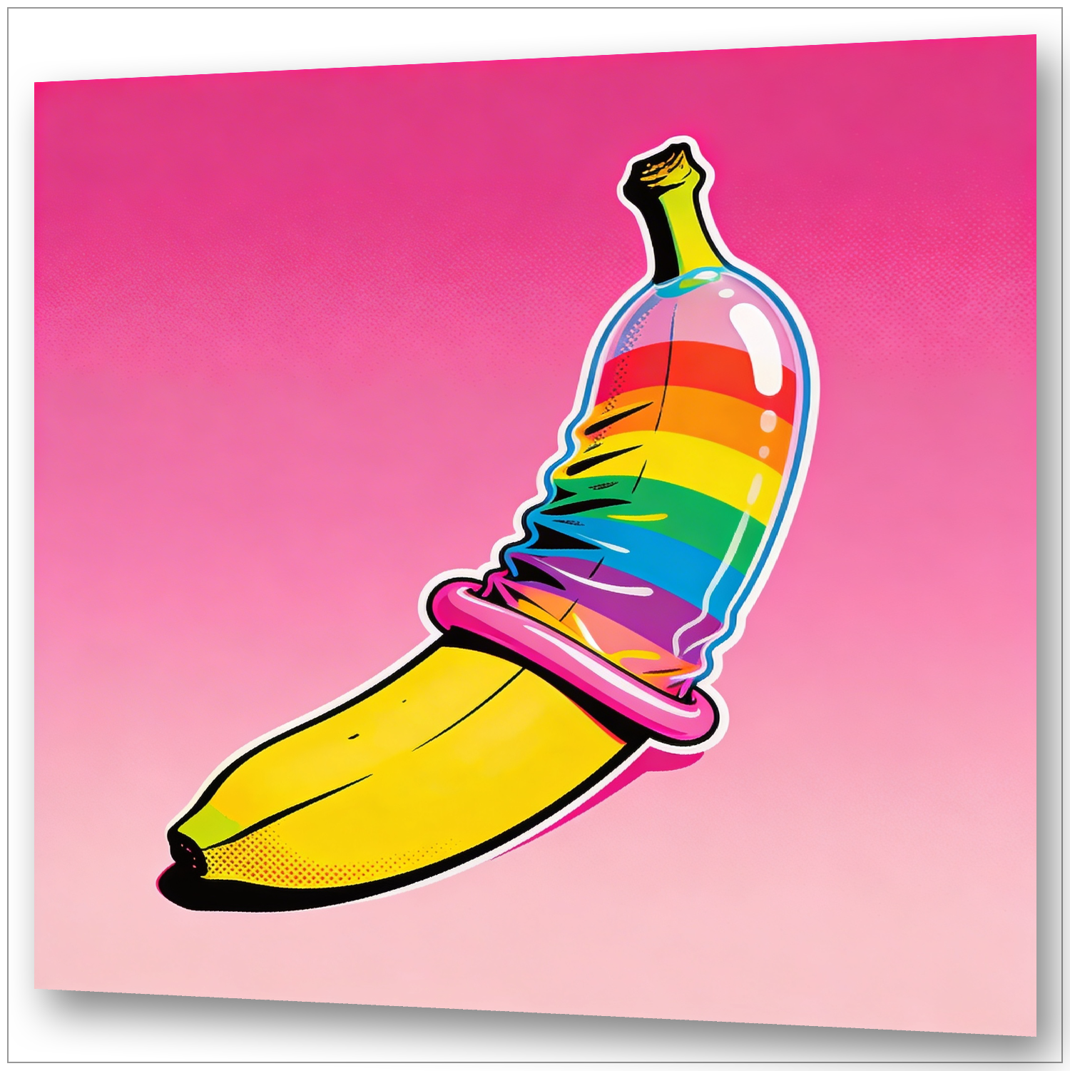 Banane mit aufgerolltem Regenbogen-Kondom vor pinkem Hintergrund - Safer Sex Gay Art - Canvas Wandbild