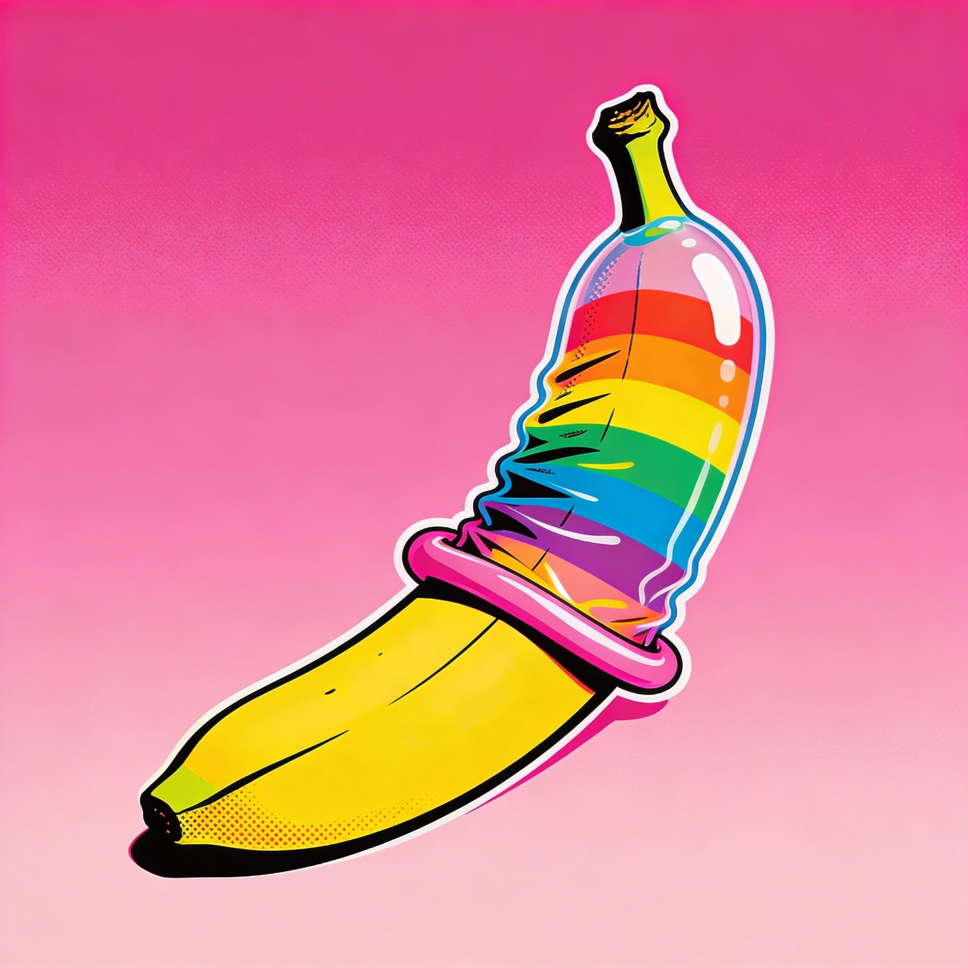 Banane mit aufgerolltem Regenbogen-Kondom vor pinkem Hintergrund - Safer Sex Gay Art - Leinwandbild Keilrahmen