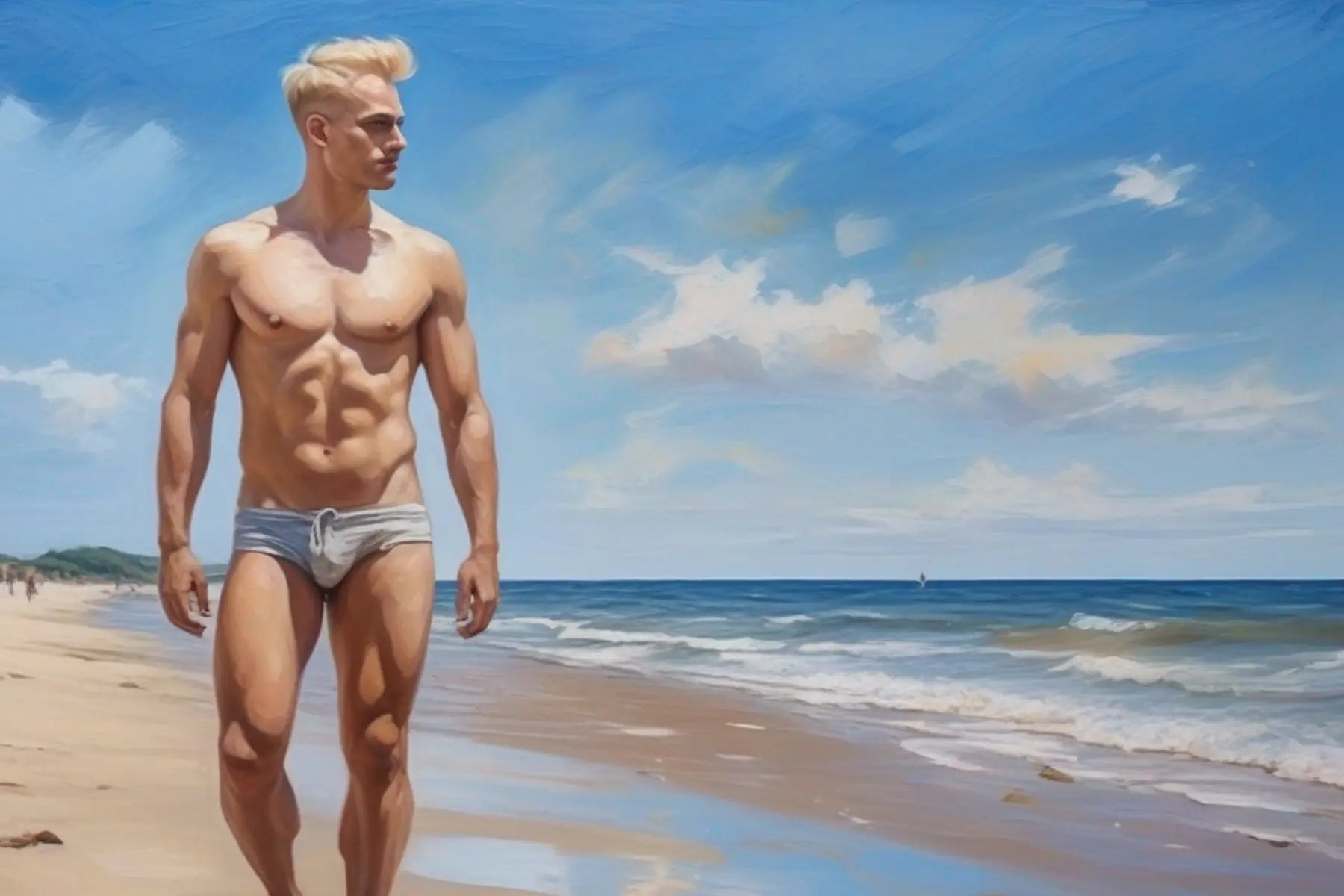 Selbstbewusst am Strand - Gay Art im Norbert Bisky Stil | Kunstwerk Bilder KUNSTWERK BILDER
