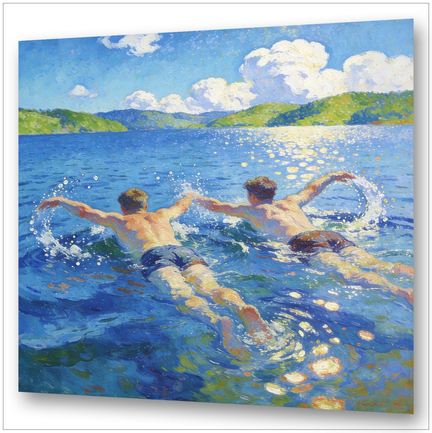 Zwei junge Boys schwimmen im blauen See, August Macke Stil, Expressionismus, leuchtende Farben, Sommer, Gay Art
