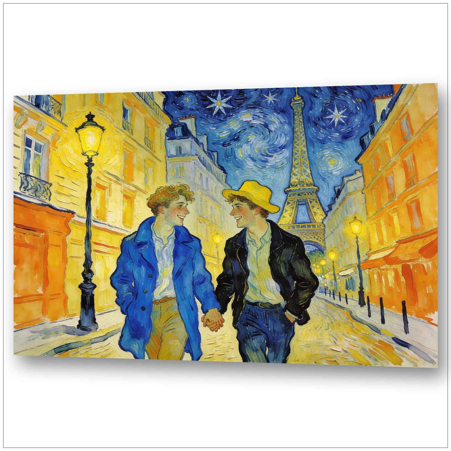Verliebte Jungs in Paris Van Gogh Stil – Hand in Hand unter Sternenhimmel, Eiffelturm, wirbelnde Pinselstriche – Gay Love Art