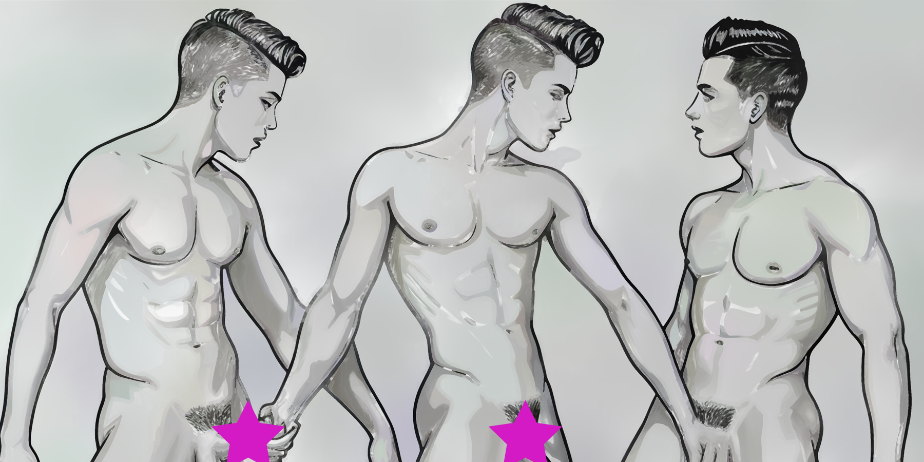 Drei nackte Männer Pop Art Stil - Erotische Gay Art Zeichnung - Leinwand Wandbild
