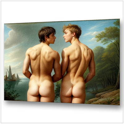 Zwei nackte Männer in romantischer Landschaft – Caspar David Friedrich trifft Gay Love
