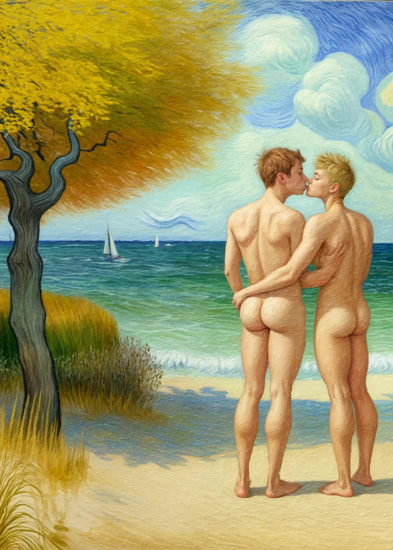 Van Gogh trifft Gay Love - Strand Kuss | Kunstwerk Bilder KUNSTWERK BILDER