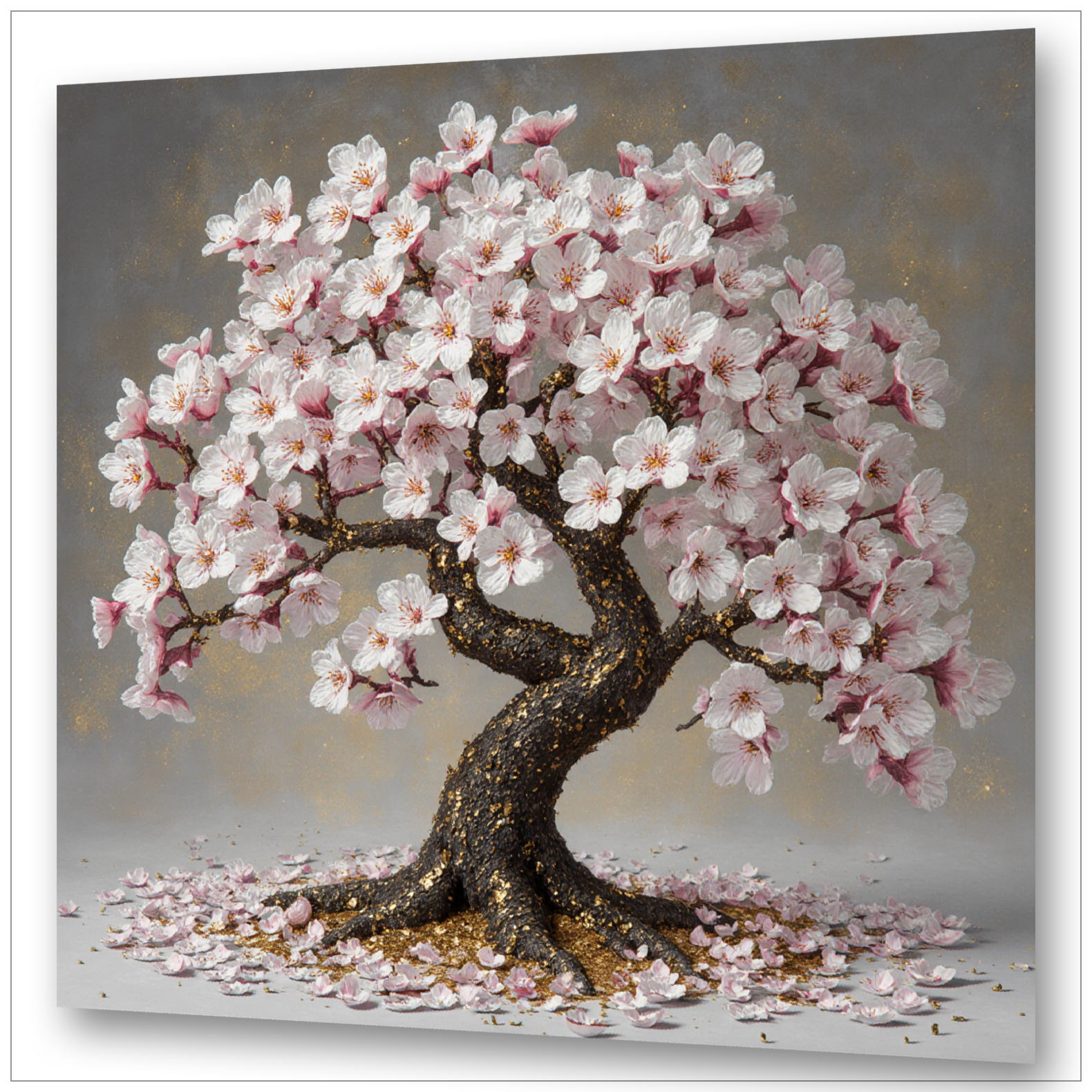 Kirschblütenbaum Sakura - Japanische Kunst - Rosa-weiße Blüten mit goldenem Stamm - Canvas Wandbild
