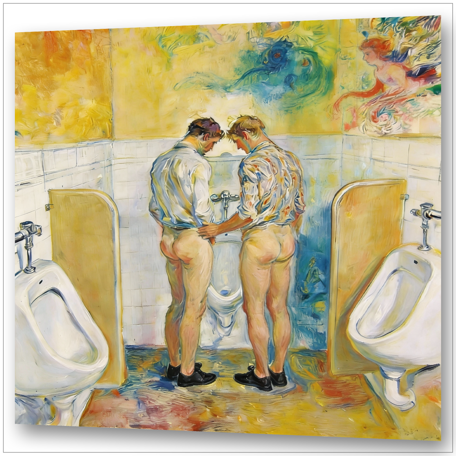 Zwei Männer in Chagall-bemalter Toilette – Gay Sex in WC, provokante Kunst
