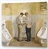 Zwei Männer am Urinal in öffentlicher Toilette - Renoir-Stil Impressionismus mit weichen Pinselstrichen und warmen Beige-Gold-Tönen