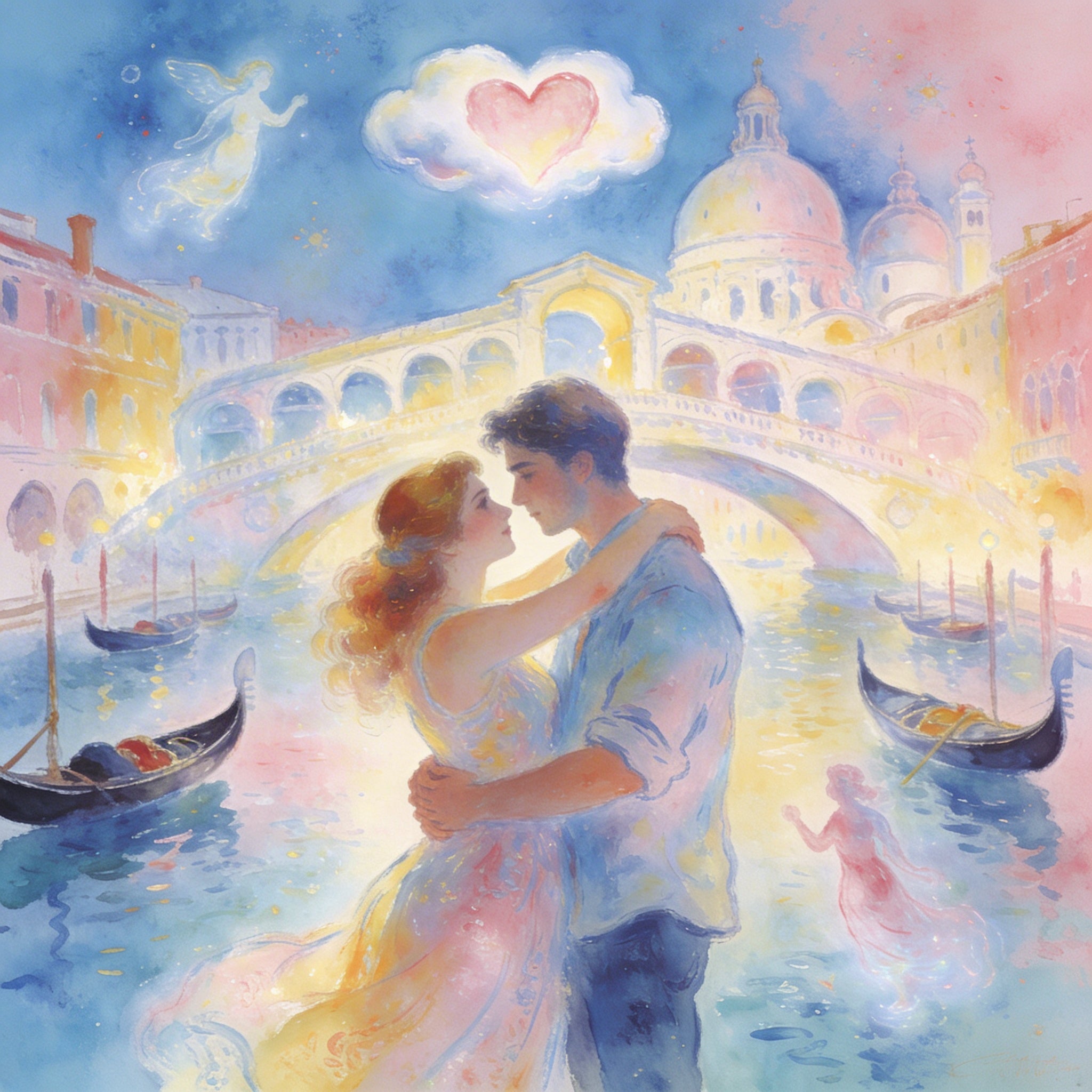 Verliebtes Paar tanzt über dem Canal Grande vor der Rialtobrücke in Venedig – Wandbild im Chagall-Stil mit Engel, Herz-Wolke und Gondeln