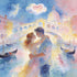 Verliebtes Paar tanzt über dem Canal Grande vor der Rialtobrücke in Venedig – Wandbild im Chagall-Stil mit Engel, Herz-Wolke und Gondeln