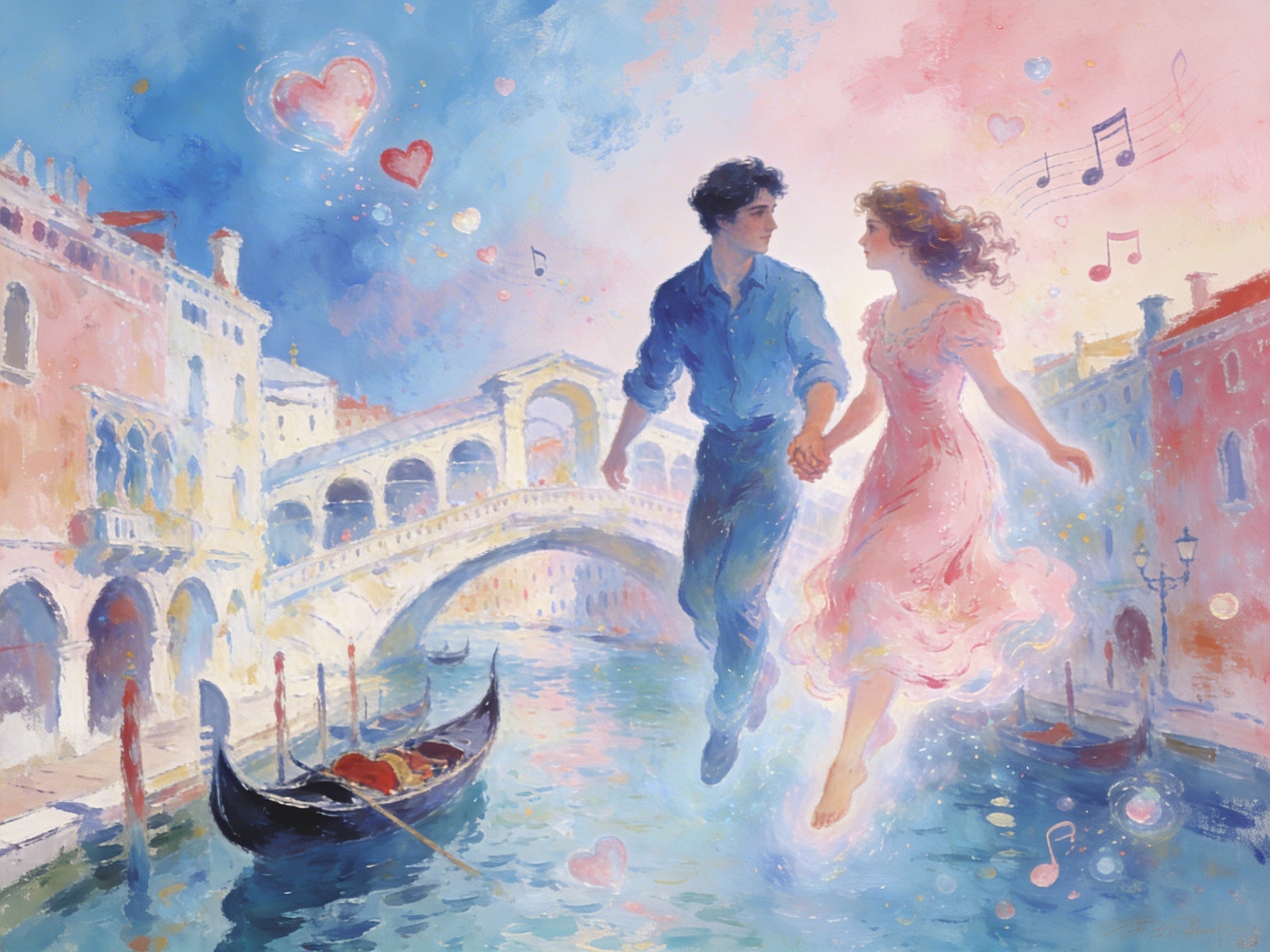 Verliebtes Paar tanzt über Venedig Kanal – Wandbild im Chagall-Stil

