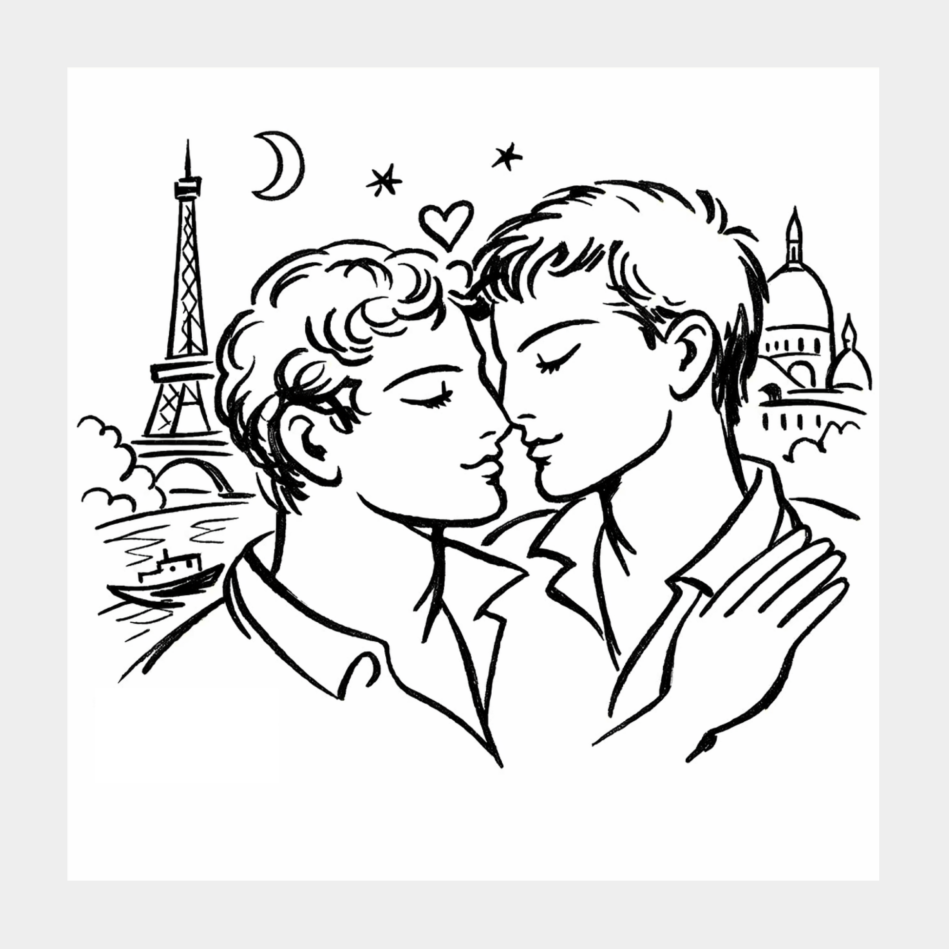Pariser Nacht Gay Love - Cocteau-Stil Linienzeichnung - Sacré-Cœur Eiffelturm Leinwandbild
