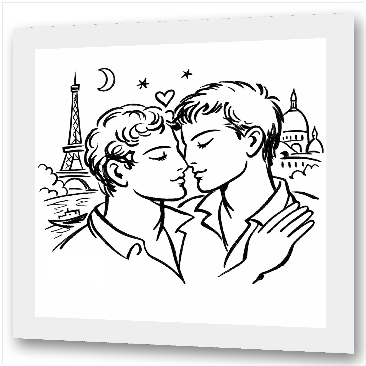 Pariser Nacht Gay Love - Cocteau-Stil Linienzeichnung - Sacré-Cœur Eiffelturm Canvas
