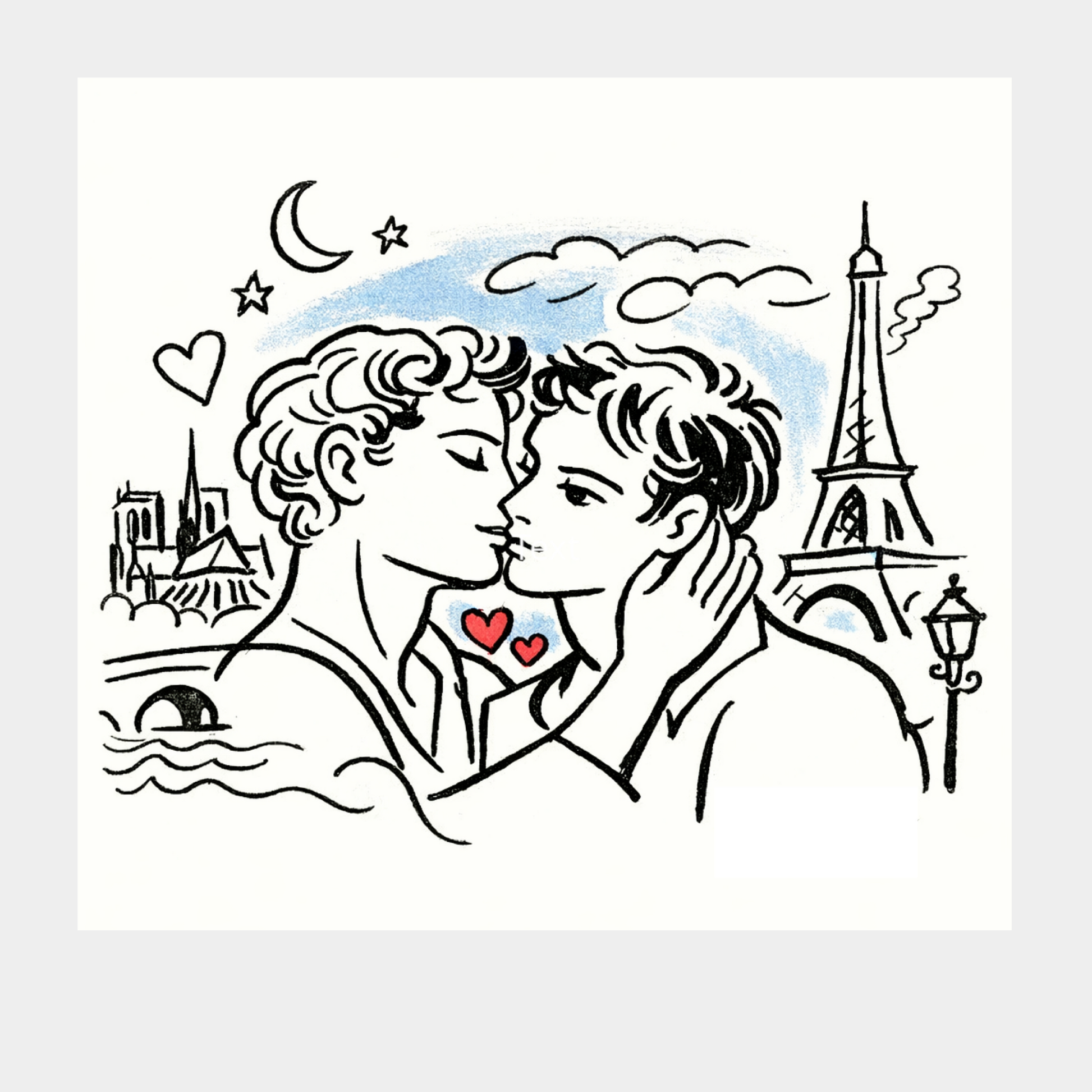 Seine Paris Gay Love - Notre-Dame Eiffelturm - Cocteau-Stil Linienzeichnung Leinwand Keilrahmen

