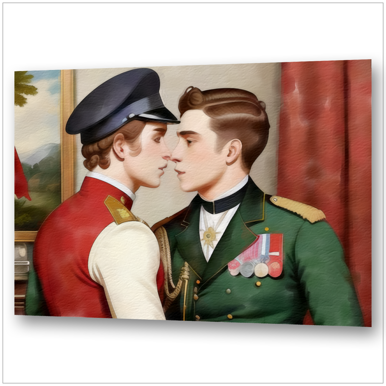 Zwei preußische Offiziere in roter und grüner Uniform kurz vor dem Kuss - Gay Art Wandbild im Menzel-Stil - Preußen trifft schwule Liebe
