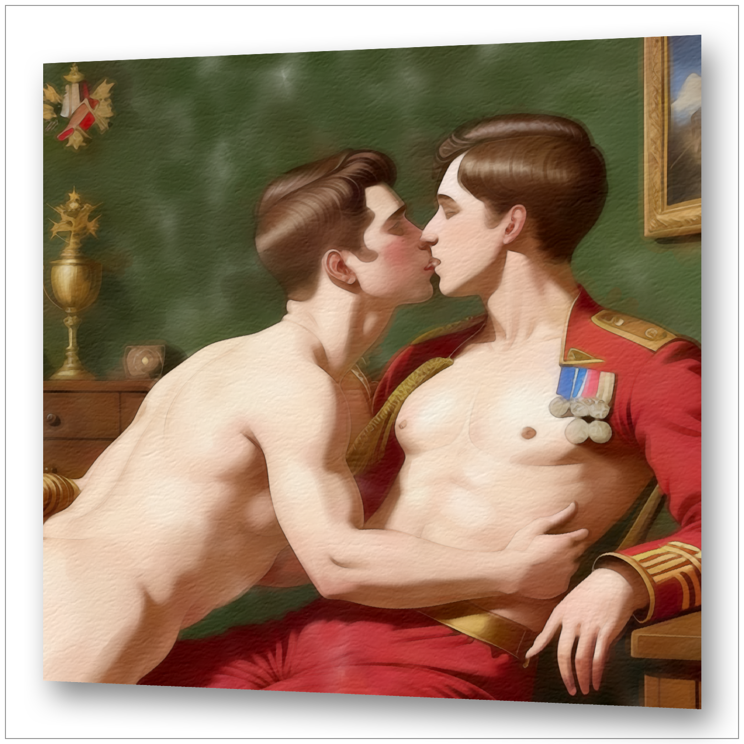 Preußischer Offizier in roter Uniform küsst oberkörperfreien jungen Mann - Gay Art Wandbild im Menzel-Stil
