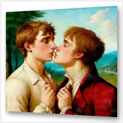 Zwei junge Männer vor innigem Kuss - Romantische Landschaft - Canvas Wandbild - Gay Love trifft Nazarener
